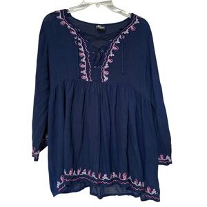 7 Islands Navy Blue Embroidered Lace Up Tunic Top Gypsy Festival Sz M Bohemian